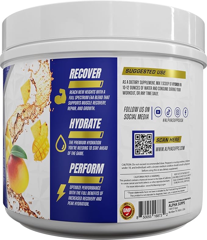 Alpha Supps Hydro 9 Aminos | EAA + Hydration Formula | Essential Amino Acids EAAs Powder with BCAAs &amp Electrolytes 30 Servings - Pineapple Mango