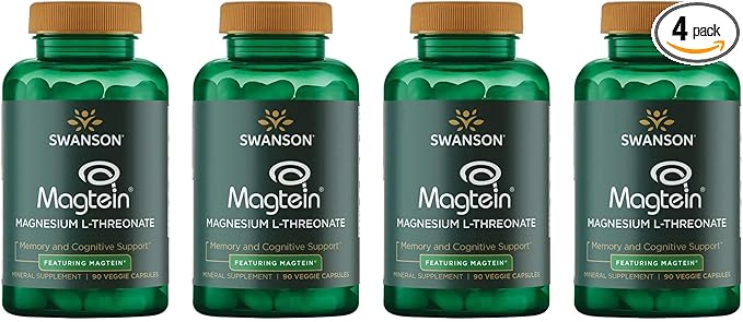 Swanson Magnesium L-Threonate Brain and Cognitive Health Supplement for Professionals Seeking Mental Clarity - 96 mg Magnesium per Serving (90 Vegan Capsules 4 Pack)