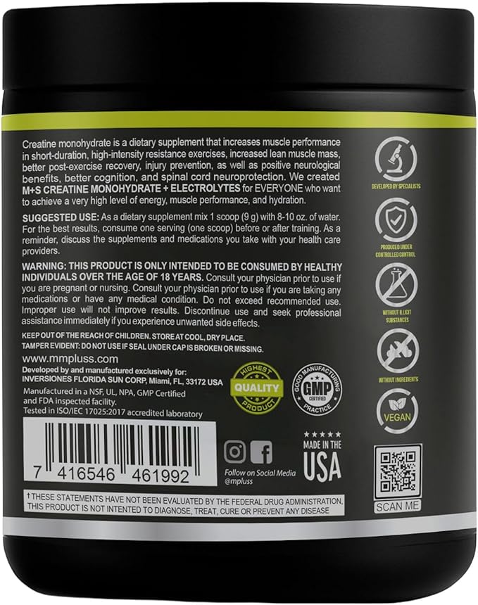 M+S Micronized Creatine Monohydrate Powder with Electrolytes – 5g Creatine per Serving Lemon Lime Flavor – Highly Soluble Creatine Powder for Hydration Support – Sugar Free 60 Servings