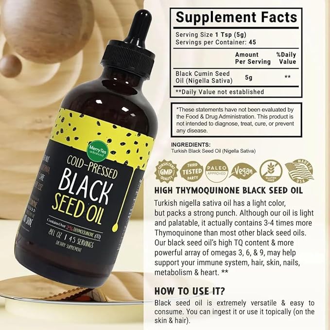 Black Seed Oil | 3 Times Thymoquinone | Cold-Pressed | Nigella Sativa - Turkish | Super Antioxidant to Support Immunity Joints Digestion Hair Skin &amp Nails | Glass Bottle | 8 oz