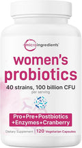 Micro Ingredients Probiotics for Women 100 Billion CFU with Prebiotics 120 Veggie Capsules | pH Balance Urinary Tract Vaginal &amp Gut Health Support* | 40 Strains with Cranberry D-Mannose &amp