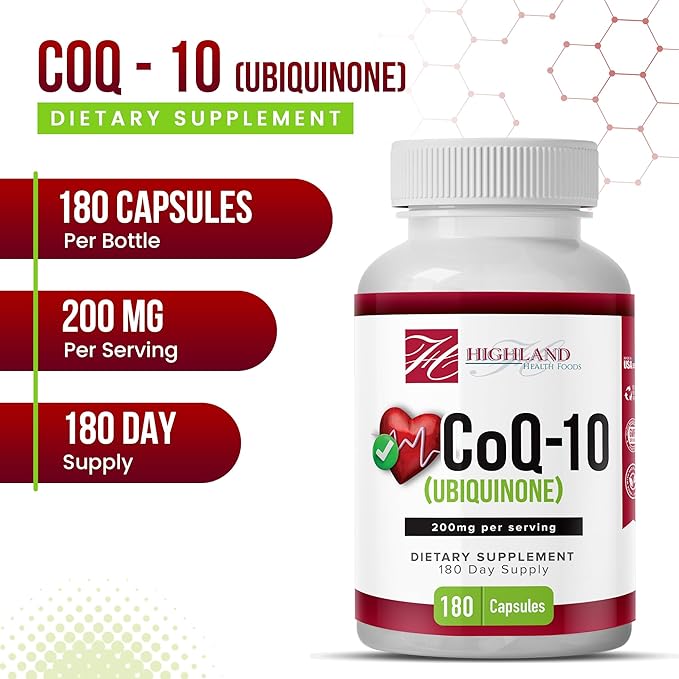 CoQ10 200mg 180 Vegetarian Capsules for Heart Health Non-GMO Easy to Swallow Supports Cellular Energy Production and Cardiovascular Health