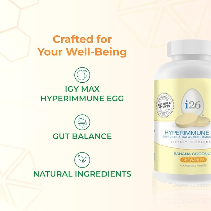 Youngevity i26 Hyperimmune Egg | IgY Max Banana Coconut Chewable | Patented Immune Powerhouse Formula | Flexibility Gut Immune Support Supplement | 45 Chewable Tablets