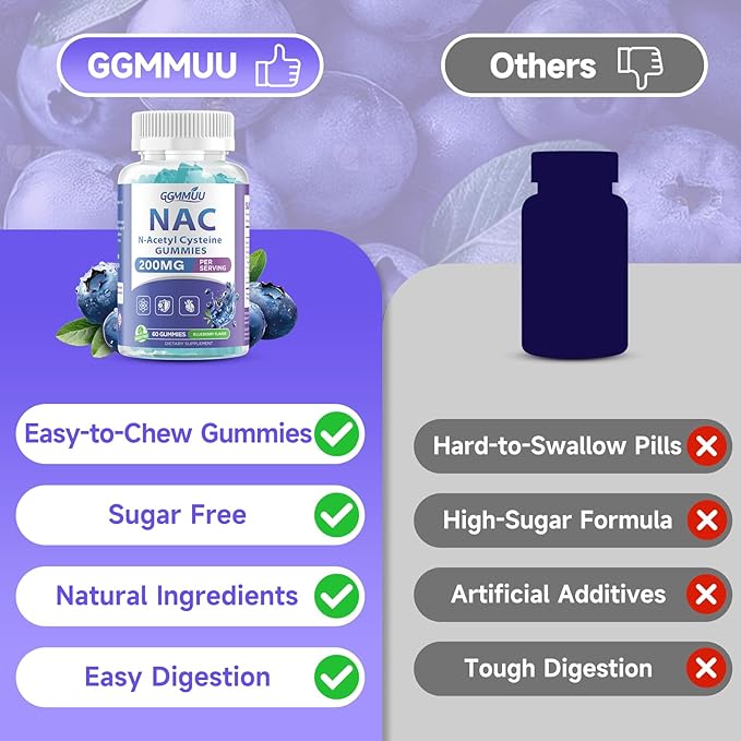 2 Pack NAC Gummies for Kids &amp Adults NAC Supplement N Acetyl Cysteine 200mg for Antioxidants &amp Immune Support Non-GMO Gluten-Free Vegan Sugar Free Blueberry Flavor 120 Count