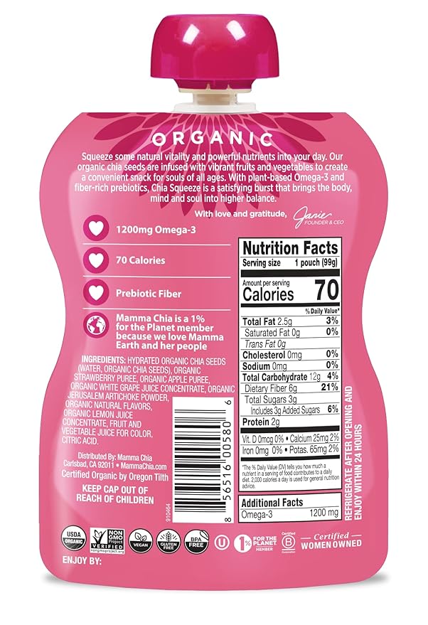 Mamma Chia Strawberry Lemonade Organic Prebiotic Squeeze Snack Non GMO No Added Sugar 14 Ounces (Pack Of 6)