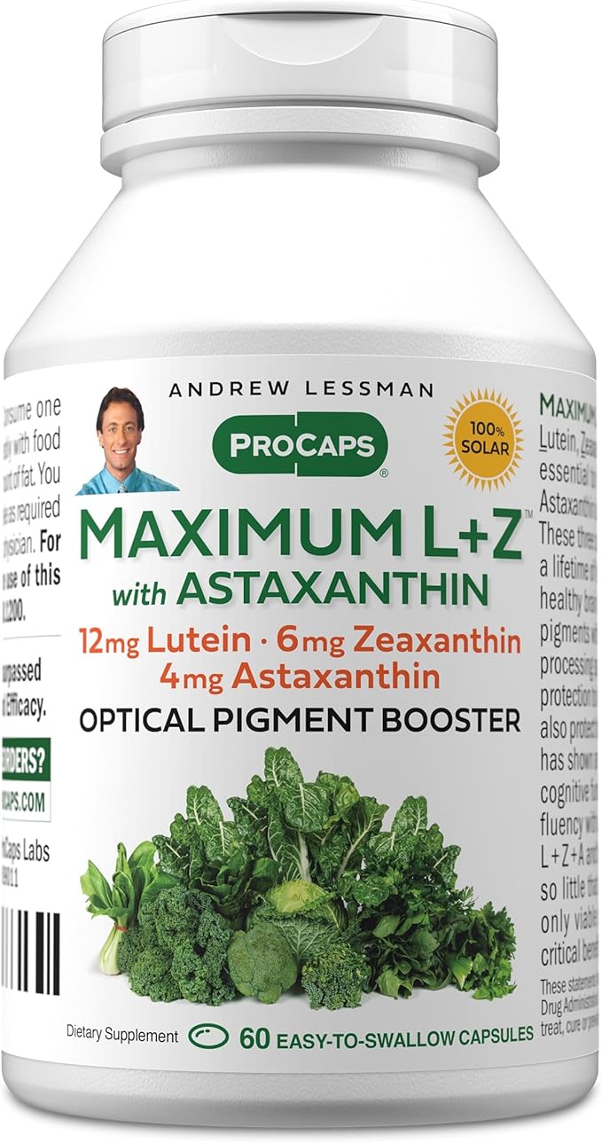 ANDREW LESSMAN Maximum L+Z with Astaxanthin 60 Softgels - 12mg Lutein 6mg Zeaxanthin 4mg Astaxanthin. Key Nutrients to Support Eye and Brain Health and Promote Healthy Vision.