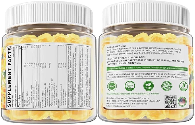 Omega 3-6-7-9 Gummies Organic Sea Buckthorn Oil 1200MG &amp Flaxseed Oil 500MG Vegan Omega 7 Supplement w/Vitamin A C E Fatty Acids No Fish Taste Supports Skin Eye Immune Brain Health 60 C