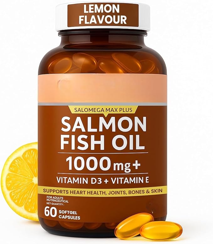Salmon Fish Oil 1000mg Softgel Capsules with Vitamin D3 &amp Vitamin E | Omega-3 Supplement for Heart Joint Bone &amp Skin Health | Lemon Flavour | 60 Capsules