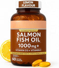 Salmon Fish Oil 1000mg Softgel Capsules with Vitamin D3 &amp Vitamin E | Omega-3 Supplement for Heart Joint Bone &amp Skin Health | Lemon Flavour | 60 Capsules