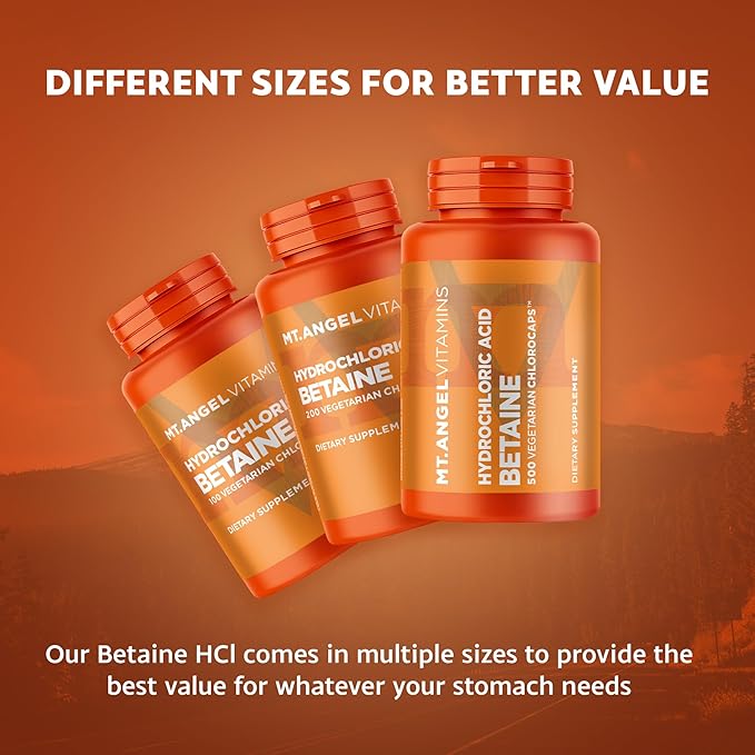Mt. Angel Vitamins - Hydrochloric Acid Betaine Supports Healthy Digestion &amp Gastric Juices (200 Vegetarian Chlorocaps)