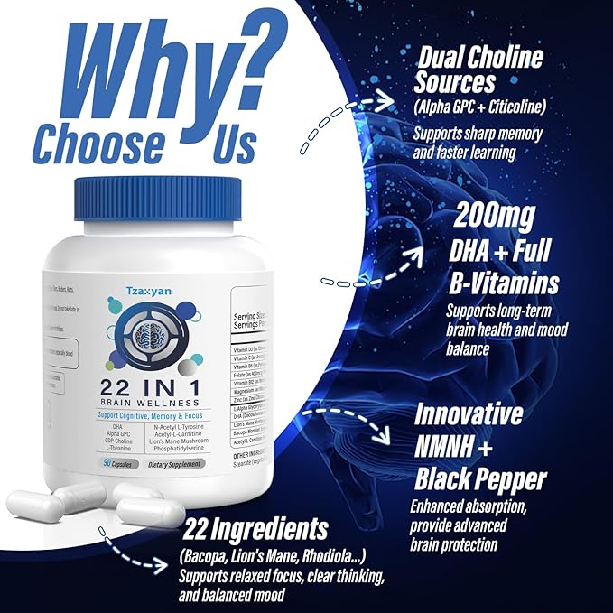Brain Supplements for Memory and Focus Clarity &amp Cognitive Improvement 300mg Alpha GPC CDP-Choline DHA Lion’s Mane L-Theanine Vitamin B6 B12 &amp Phosphatidylserine for Men &amp Women 90