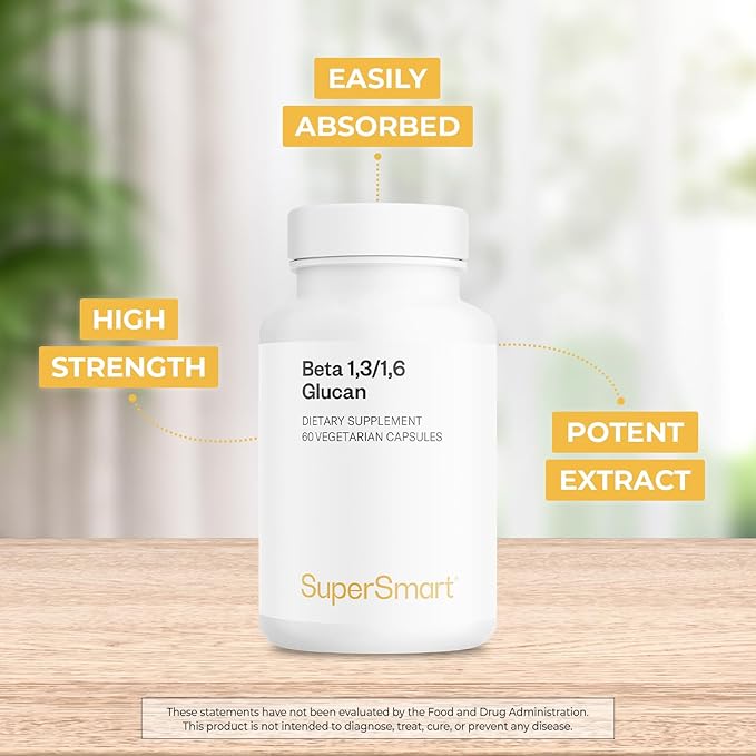 Supersmart - Beta Glucan Supplement 250mg per Day (High Strength) - Beta 1.3/1.6 Glucans - Saccharomyces Cerevisiae Extract | Non-GMO &amp Gluten Free - 60 Vegetarian Capsules
