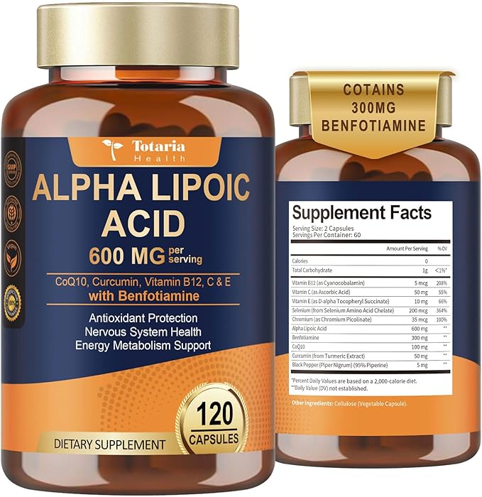 Alpha Lipoic Acid 600mg with Benfotiamine 300mg - ALA Supplement for Antioxidant Nerve Health Energy &amp Metabolism Support Cell Energy Neuropathy Supplement Anti-Aging Non-GMO Gluten Free V