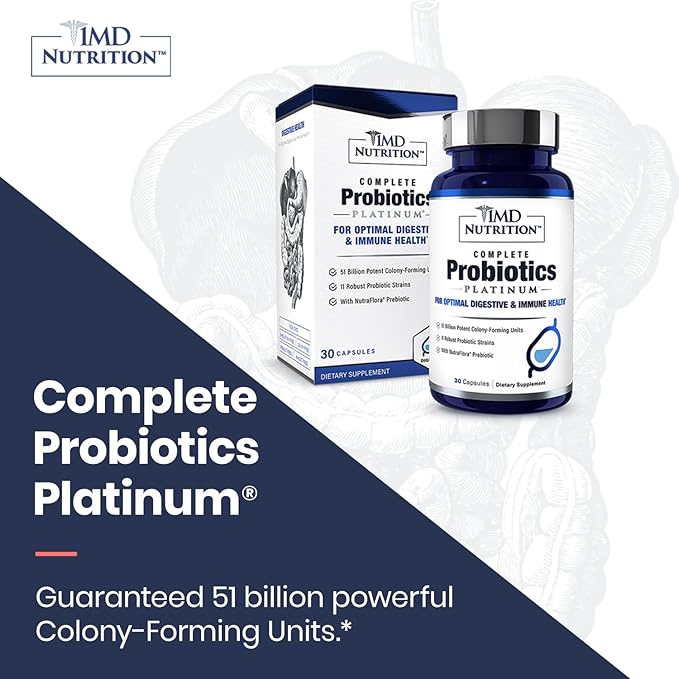 1MD Nutrition Complete Probiotics Platinum - w/Prebiotics and Probiotics for Digestive Health - Probiotic Supplement for Women &amp Men - More Than 50 Billion Live CFU 11 Strains Dairy-Free - 30 Caps