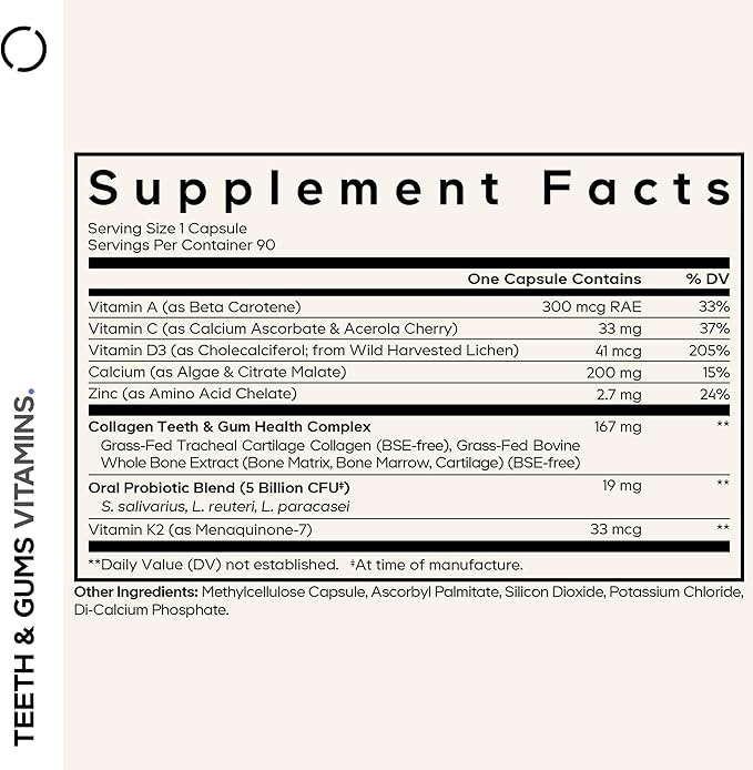 Codeage Teeth &amp Gums Vitamins + Oral Probiotics Supplement for Mouth - Whole Food Calcium Collagen Potassium Vitamin C D3 K2 Zinc – Oral Care &amp Dental Multivitamin Supplements - 90 Capsu