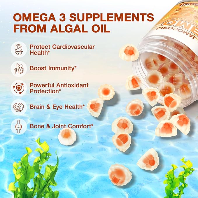 Vegan Omega-3 Gummies - Fish Oil Omega 3 Supplements Alternative for Adults - Algae DHA 600mg &amp EPA 400mg Vitamin D3 K2 - No Fish Taste - for Brain Eye Immune Support - Sugar Free120 Count