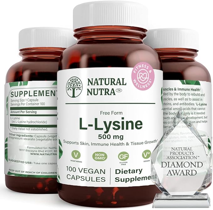 Natural Nutra L-Lysine HCl 500mg – Non-GMO Vegan Amino Acid Supplement Supports Immune Health &amp Collagen Production 100 Capsules