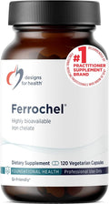 Designs for Health Iron – Vital for Energy Production Immune &amp Brain Health High Absorption Ferrochel Chelated Iron for Women &amp Men as Ferrous Bisglycinate Chelate – Pregnancy Safe (120 Vega