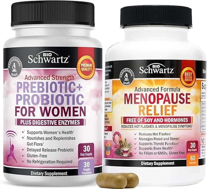 BioSchwartz Herbal Menopause Supplement with Black Cohosh (1 Month Supply) Plus Prebiotics and Probiotics with Digestive Enzymes for Women (1 Month Supply)