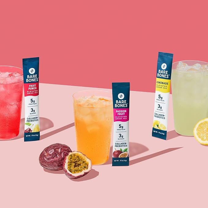 Bare Bones Lemonade Elevated Drink Mix | Light &amp Flavorful | Gluten-Free &amp Naturally Sweetened | On-the-Go Stick Single-Serve Packs Powdered Refreshment | 5g Protein | 16 Packets (.60 oz)