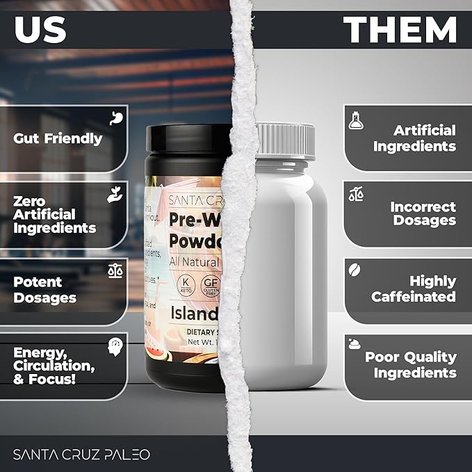 Santa Cruz Paleo Pre Workout Powder Electrolytes Magnesium Potassium Sea Salt &amp L Citrulline Caffeine &amp Sugar Free Preworkout Drink Mix for Energy &amp Hydration Island Punch Flavor 30