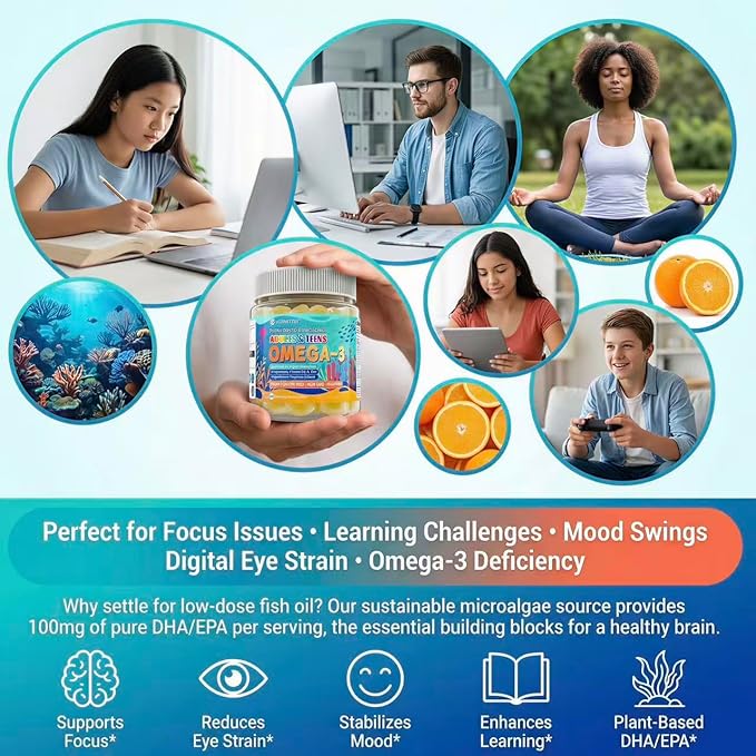 Vegan Omega-3 Gummies - 1000mg Algae Oil with 650mg DHA &amp 250mg EPA for Teens &amp Adults - Plus Vitamin D3 AC Lutein Zeaxanthin Magnesium for Eye &amp Immune Health Brain - Sugar Free No