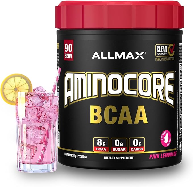 ALLMAX AMINOCORE BCAA Powder for Workout Muscle Recovery &amp Increased Endurance - Sugar Free No Fillers 8.18 Grams Bcaas Amino Acids B Vitamins for Women and Men- 90 Servings | Pink Lemonade 103