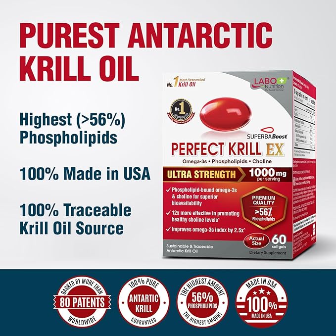 LABO Nutrition Perfect Krill EX 1000mg Antarctic Krill Oil Omega 3 EPA DHA Highest Phospholipids (Over 56%) with Choline Astaxanthin | Heart Brain Eye Joint Health Made in USA 60 softgels