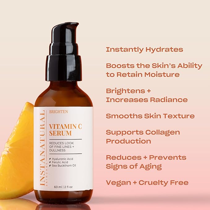 InstaNatural Vitamin C Face Serum with Hyaluronic Acid &amp Ferulic Acid | Brightening &amp Hydrating Formula for Radiant Smooth-Looking Skin - 2 FL Oz