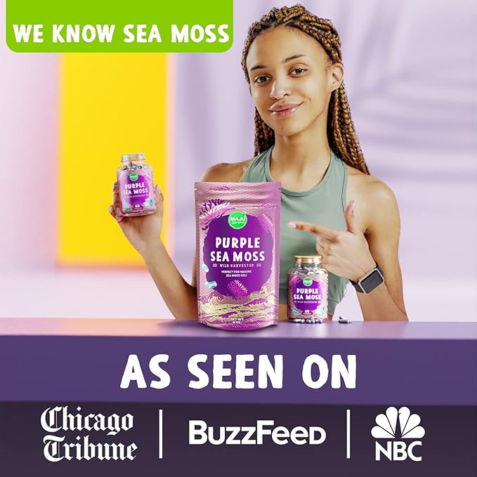 MAJU's Powerful Purple Sea Moss Capsules (60 ct) Extra-Strength Purple Minerals Chondrus Crispus Stronger Than Gel Compare to Organic Irish Seamoss Capsule Wild Harvested Powder Pills