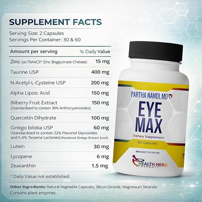 Eye Vitamins Supplement for Adults – Supports Macular Health Retina Clarity &amp Blue Light Protection – Lutein Zeaxanthin Lycopene &amp Zinc – Antioxidant Vision Formula – 60 Capsules