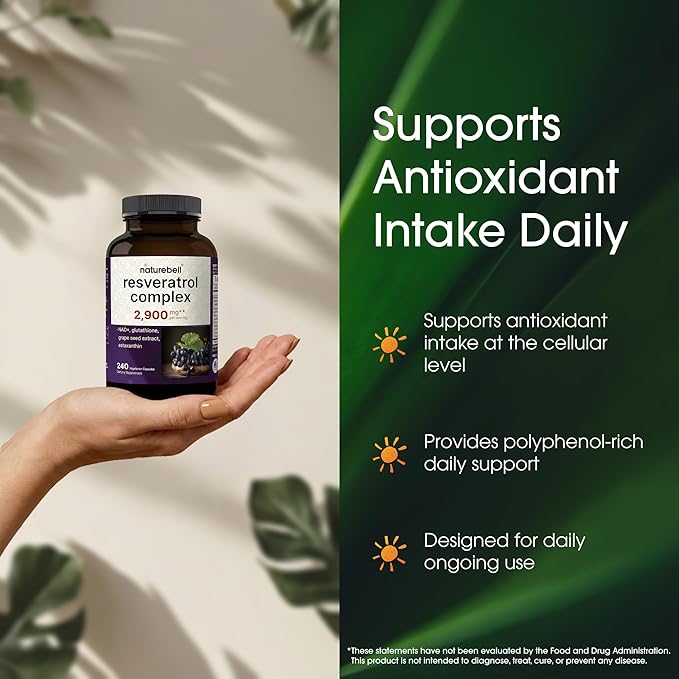 NatureBell Resveratrol Complex - 240 Vegetarian Capsules - Made with Resveratrol NAD Glutathione &amp More - Healthy Aging &amp Antioxidant Support - Heart Brain &amp Immune Wellness*