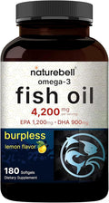 NatureBell Omega-3 Fish Oil - 180 Softgels - Support for Joint Brain &amp Heart Health* - with EPA &amp DHA - No Burps or Fishy Aftertaste - Non-GMO &amp Mercury-Free Formula - Lemon Flavor