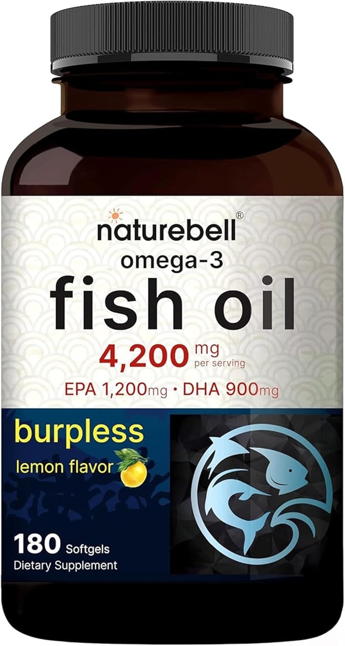 NatureBell Omega-3 Fish Oil - 180 Softgels - Support for Joint Brain &amp Heart Health* - with EPA &amp DHA - No Burps or Fishy Aftertaste - Non-GMO &amp Mercury-Free Formula - Lemon Flavor