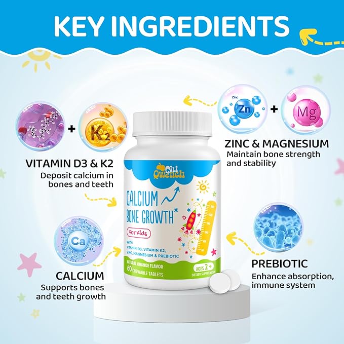 ChiQwench 500 MG Calcium Supplement with Vitamin D3 &amp K2 Zinc Magnesium &amp Prebiotics. Kids Vitamins for Kids' Height. Bone Strength High Absorption Orange Chewables Non-GMO Gluten Free