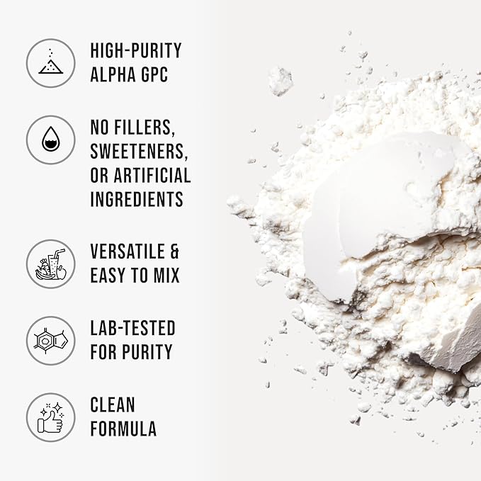 Alpha GPC Powder Alpha-Phosphorylcholine Choline Supplement Unflavored Fine Powder for Smooth Mixing Non-GMO Vegan Additive-Free Gluten-Free 150g (5.3 oz)