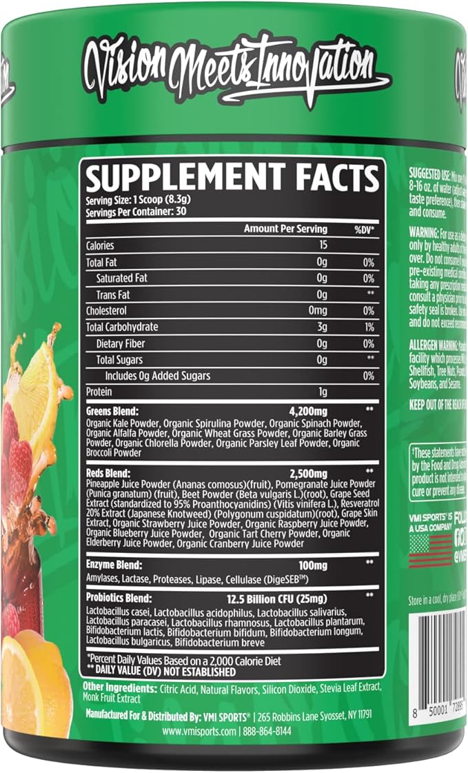 VMI Sports Greens + Reds Advanced Superfood Immunity and Gut Health | Enzymes &amp Probiotics | 30 Servings (Raspberry Lemonade)