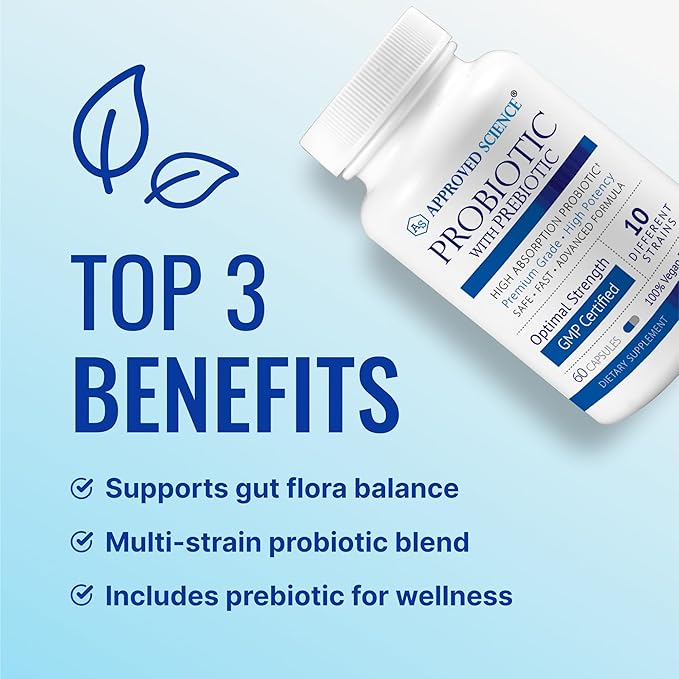 Approved Science Probiotic with Prebiotic - 10 Strains - 25 Billion CFU - 6 Bottles - Vegan
