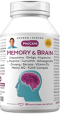 ANDREW LESSMAN Memory &amp Brain 180 Capsules – Naturally Supports Brain Memory and Mental Acuity. with Ginkgo Biloba Ashwagandha Bacopa Curcumin Ginseng B-Complex Vitamin D3