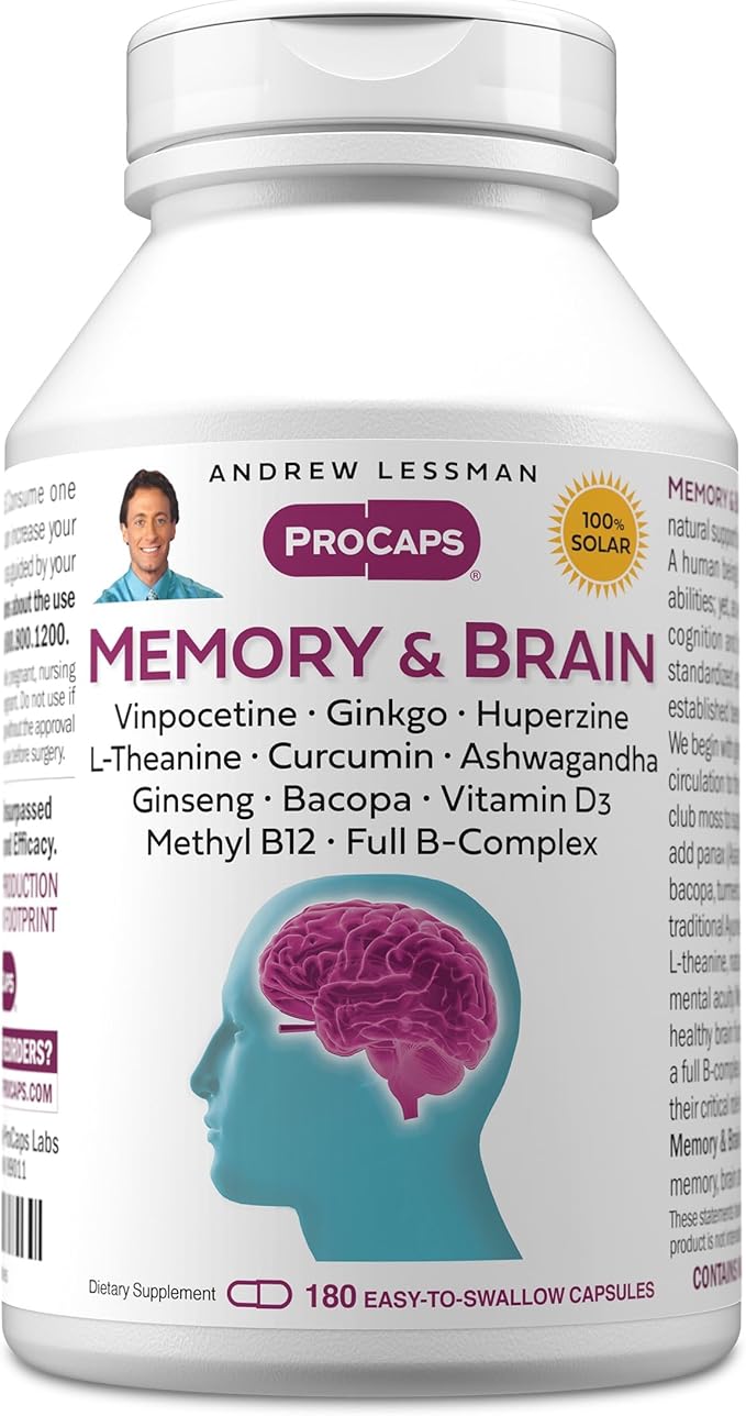 ANDREW LESSMAN Memory &amp Brain 180 Capsules – Naturally Supports Brain Memory and Mental Acuity. with Ginkgo Biloba Ashwagandha Bacopa Curcumin Ginseng B-Complex Vitamin D3