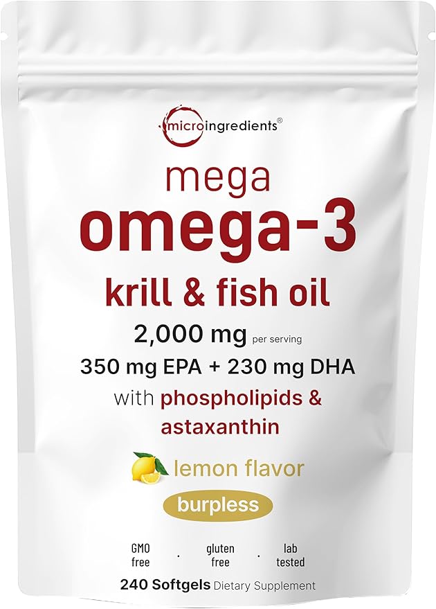 Mega Omega-3 Krill &amp Fish Oil 2000mg Equivalent 240 Softgels | Lemon Flavored | Burpless | Essential Fatty Acids &amp Astaxanthin | EPA 350mg + DHA 230mg | Heart &amp Brain Supplement