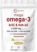 Mega Omega-3 Krill &amp Fish Oil 2000mg Equivalent 240 Softgels | Lemon Flavored | Burpless | Essential Fatty Acids &amp Astaxanthin | EPA 350mg + DHA 230mg | Heart &amp Brain Supplement