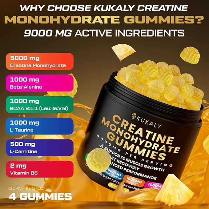 Creatine Monohydrate Gummies for Men &amp Women 9000MG Creatine Gummies Sugar Free with L-Taurine BCAA 2:1 B12 B6 for Boost Strength Focus &amp Endurance Vegan Non-GMO Pineapple 120pcs