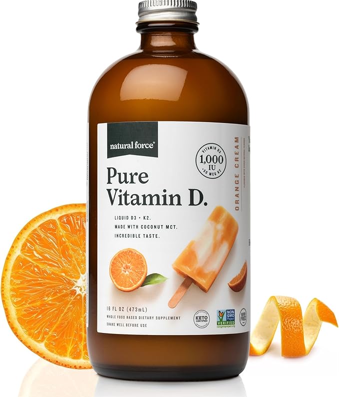 Natural Force Pure Vitamin D – Liquid D3 &amp K2 with Coconut MCT –1000 IU Immunity &amp Nutrient Absorption Booster- Vegan - Orange Cream 16 fl oz