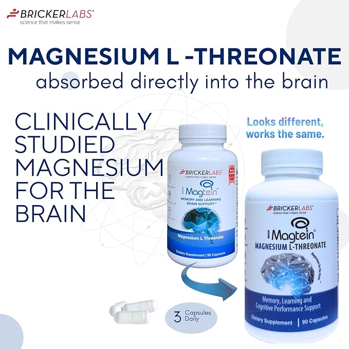 Bricker Labs Magtein® Magnesium L-Threonate Supplement – Brain Health Memory Focus Learning &amp Cognitive Function Support – 90 Capsules 30 Servings