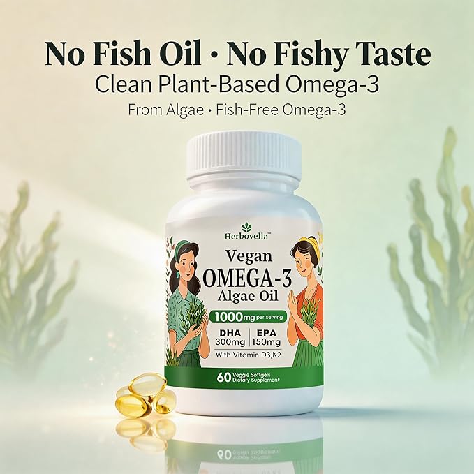 Vegan Omega 3 Softgels from Algae Oil – Fish Oil Alternative DHA 300mg EPA 150mg with Vitamin D3 K2 No Fishy Taste Plant-Based Omega-3 Supplement