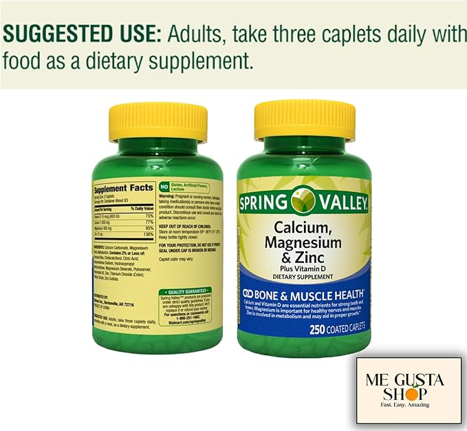 Spring Valley Calcium Magnesium &amp Zinc Plus Vitamin D3 Coated Caplets 250 Count (Pack of 2) 500count Total + me Gusta Sticker