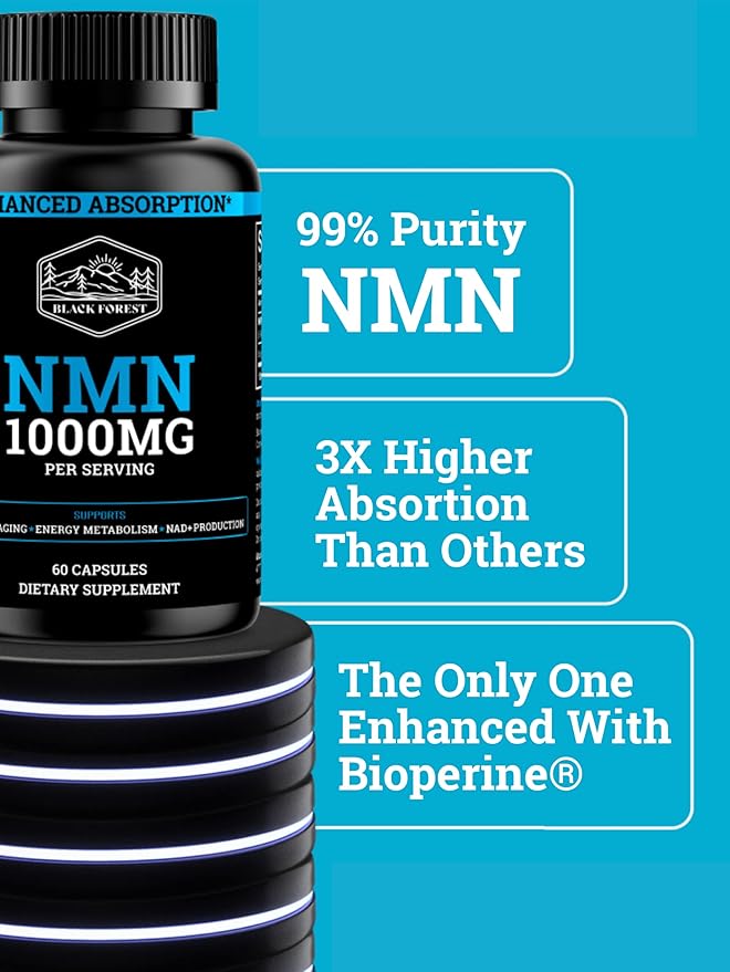 Black Forest NMN Supplements 1000mg (Nicotinamide Mononucleotide) 99% Pure Stabilized Form BioPerine® for Enhanced Bioavailability (60 Capsules) (NMN 1000mg per Serving) NAD Supplement for NAD