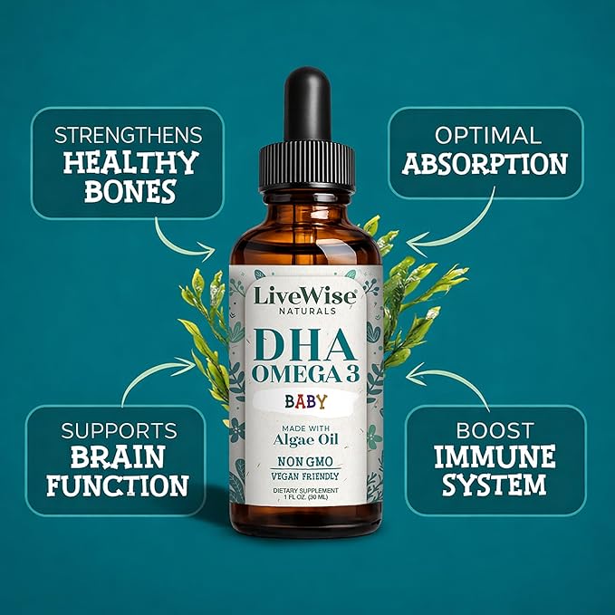 LiveWise Naturals DHA Omega 3 Drops for Kids - Vegan Liquid Omega 3 for Infants Toddlers &amp Children - Essential DHA Supplement for Baby Brain Eye &amp Immune Health