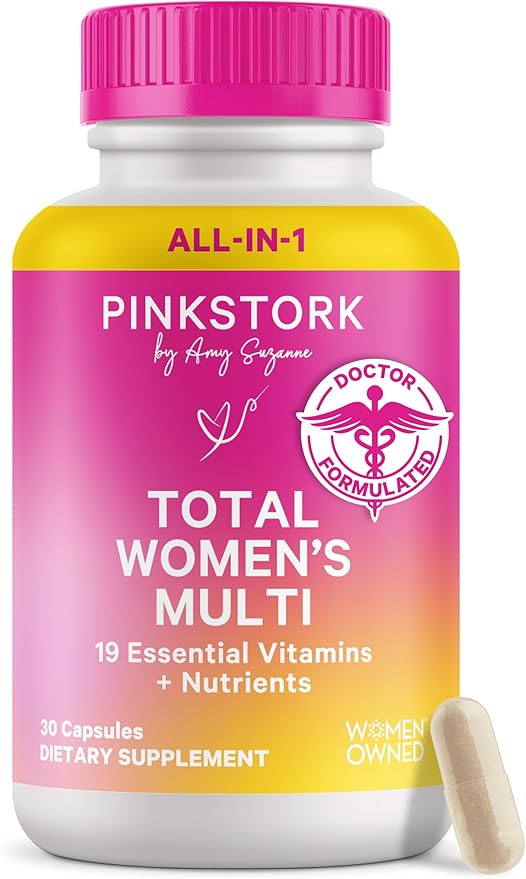 Pink Stork Total Women's Multivitamin - 19 Essential Vitamins for Women &amp Nutrients – Energy Metabolism Hormone Immune &amp Mood Support – B6 B12 Biotin Iron &amp Zinc – 30 Capsules